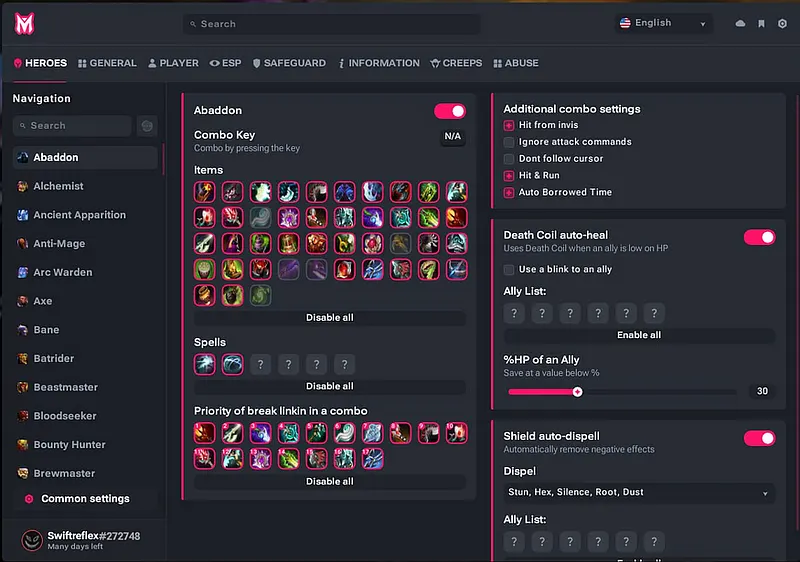 Melonity hero-script menu with Abaddon selected in the hero list