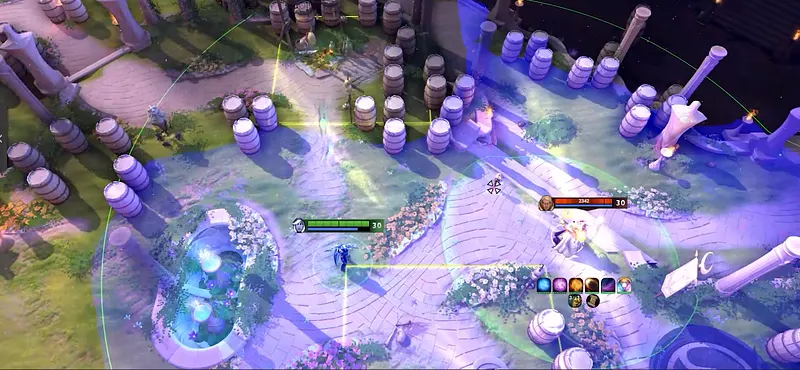 Published Melonity gameplay image illustrating a ward range overlay
