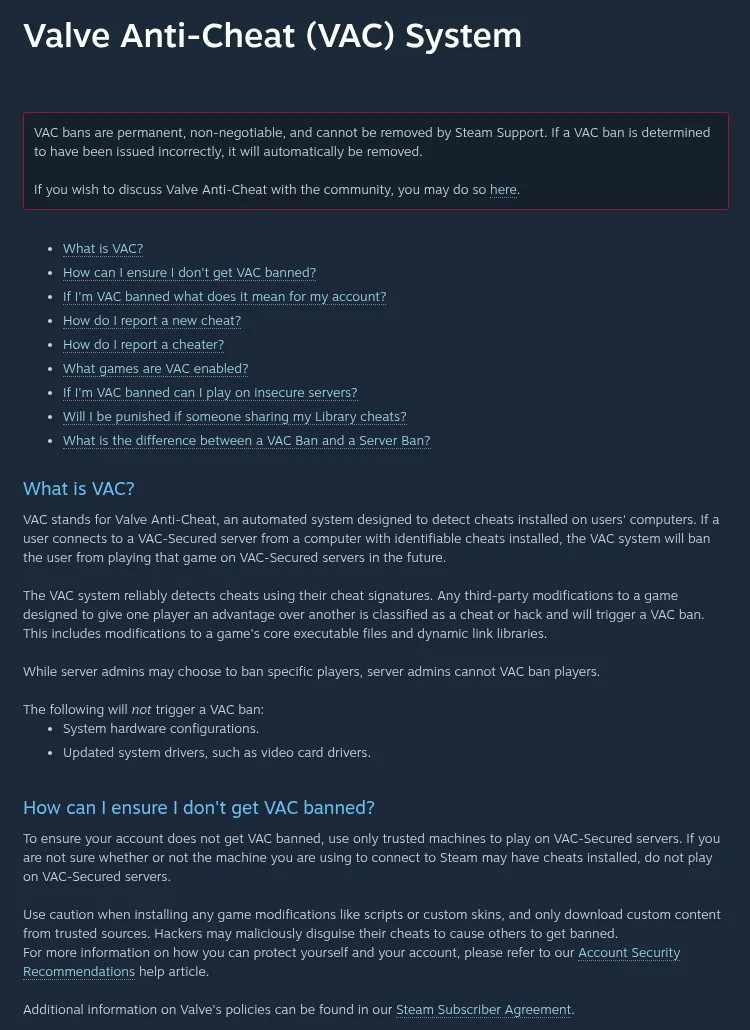 Steam Support VAC page with the core files rule and the custom skins warning